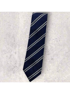 DAVID CHU 7fold Cotton Silk Tie ITALY XL Navy White Striped W:3.5" EUC